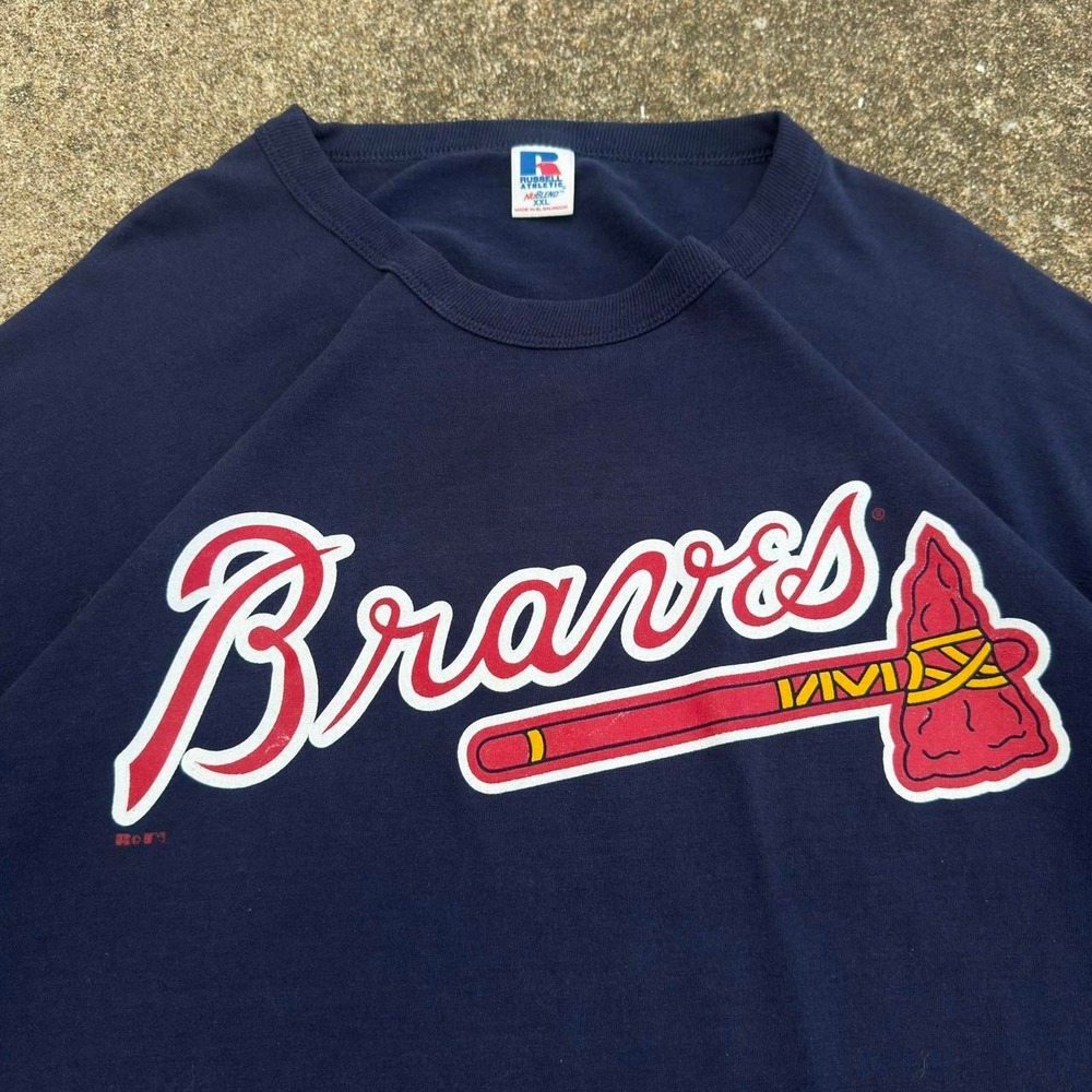 Vintage 90s Atlanta Braves Tomahawk Logo T Shirt Navy MLB Baseball XXL (d11)